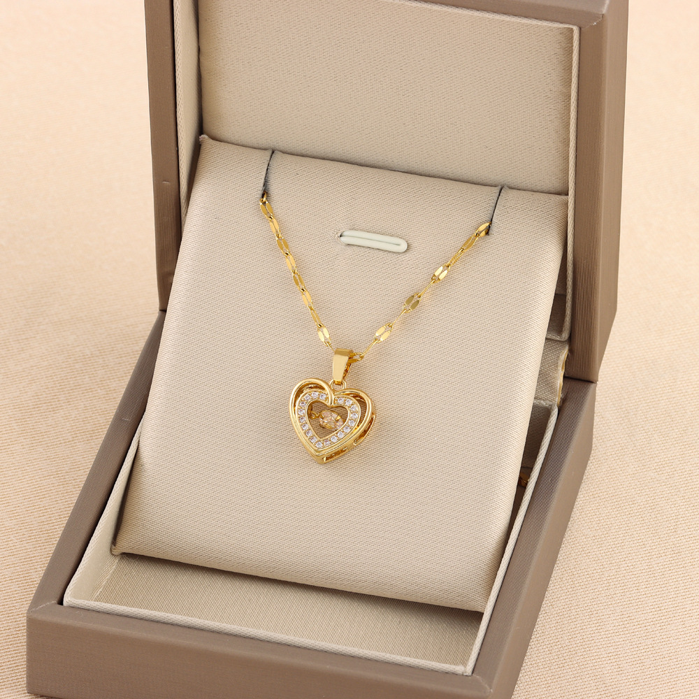 Double Layer Love Necklace With Rhinestones Titanium Steel Pendant Fashion Jewelry Woman Valentines Day Gift - Image 2