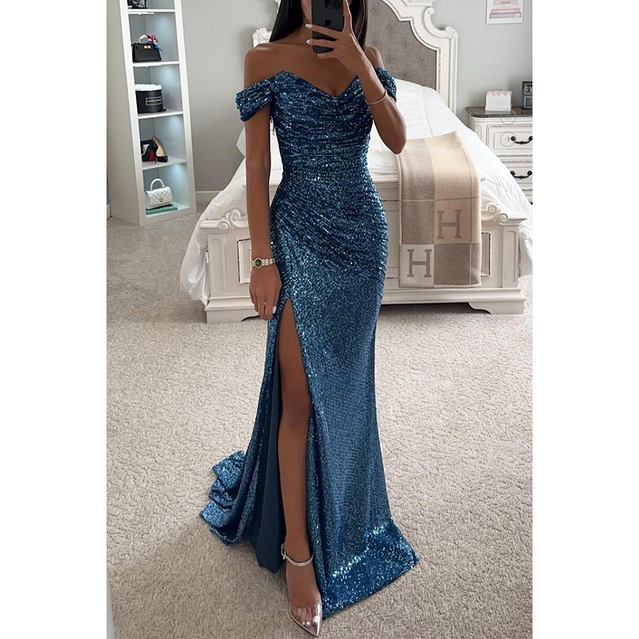 Party Sequins Off-neck Split Dress INS Casual Fashion Dress Women Charming Slimming Dress For Women - Image 3