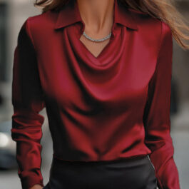 Women’s Swing Collar Draped Shirts & Blouses Elegant Solid Satin Office Ladies Top Pullover Spring Long Sleeve Casual Tops