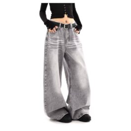 Embroidered High Waist Wide Leg Denim Jeans For Women Vintage Straight Leg Pants