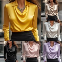 Women’s Swing Collar Draped Shirts & Blouses Elegant Solid Satin Office Ladies Top Pullover Spring Long Sleeve Casual Tops