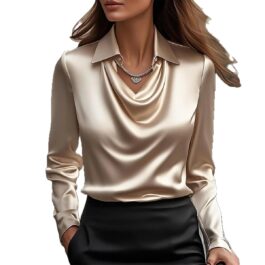 Women’s Swing Collar Draped Shirts & Blouses Elegant Solid Satin Office Ladies Top Pullover Spring Long Sleeve Casual Tops