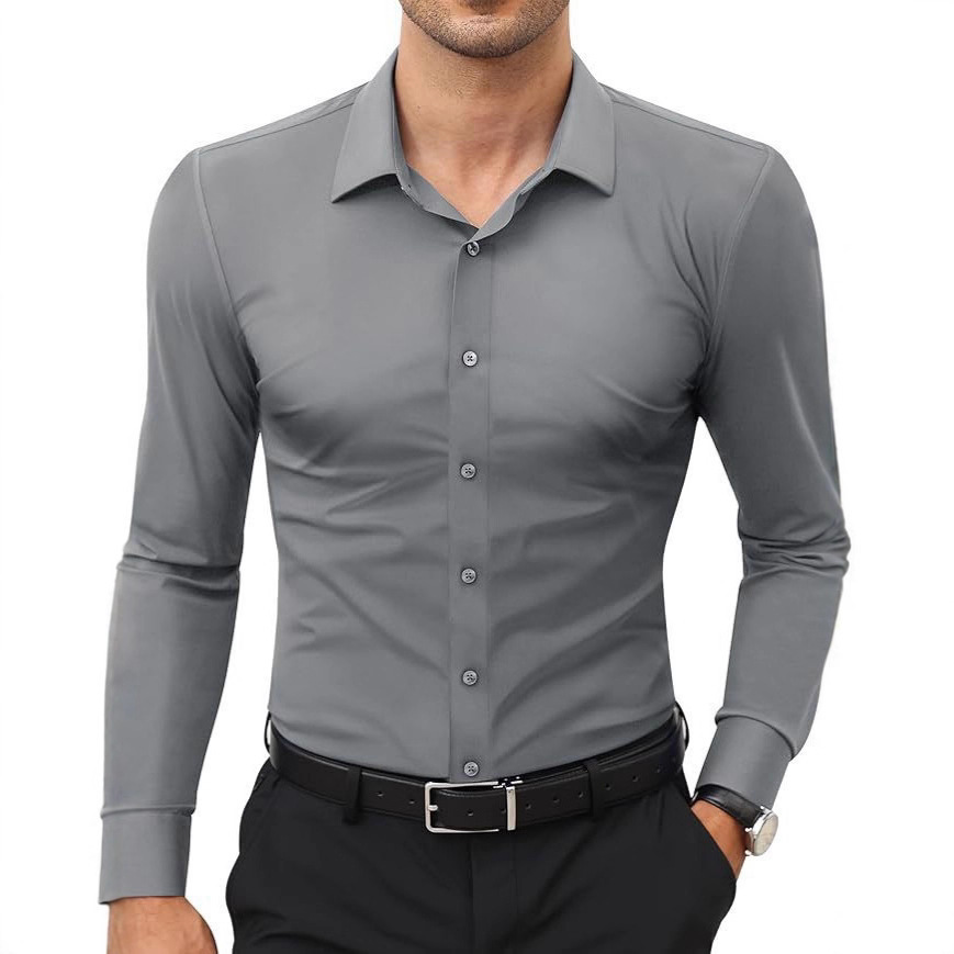 Mens Slim-Fit Solid-Color Work Shirt From Europe And The US - Image 3